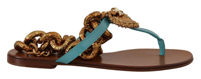 Dolce & Gabbana Blue Leather Devotion Flats Sandals Blue, Dolce & Gabbana, EU39/US8.5, EU40/US9.5, feed-1, Flat Shoes - Women - Shoes at SEYMAYKA