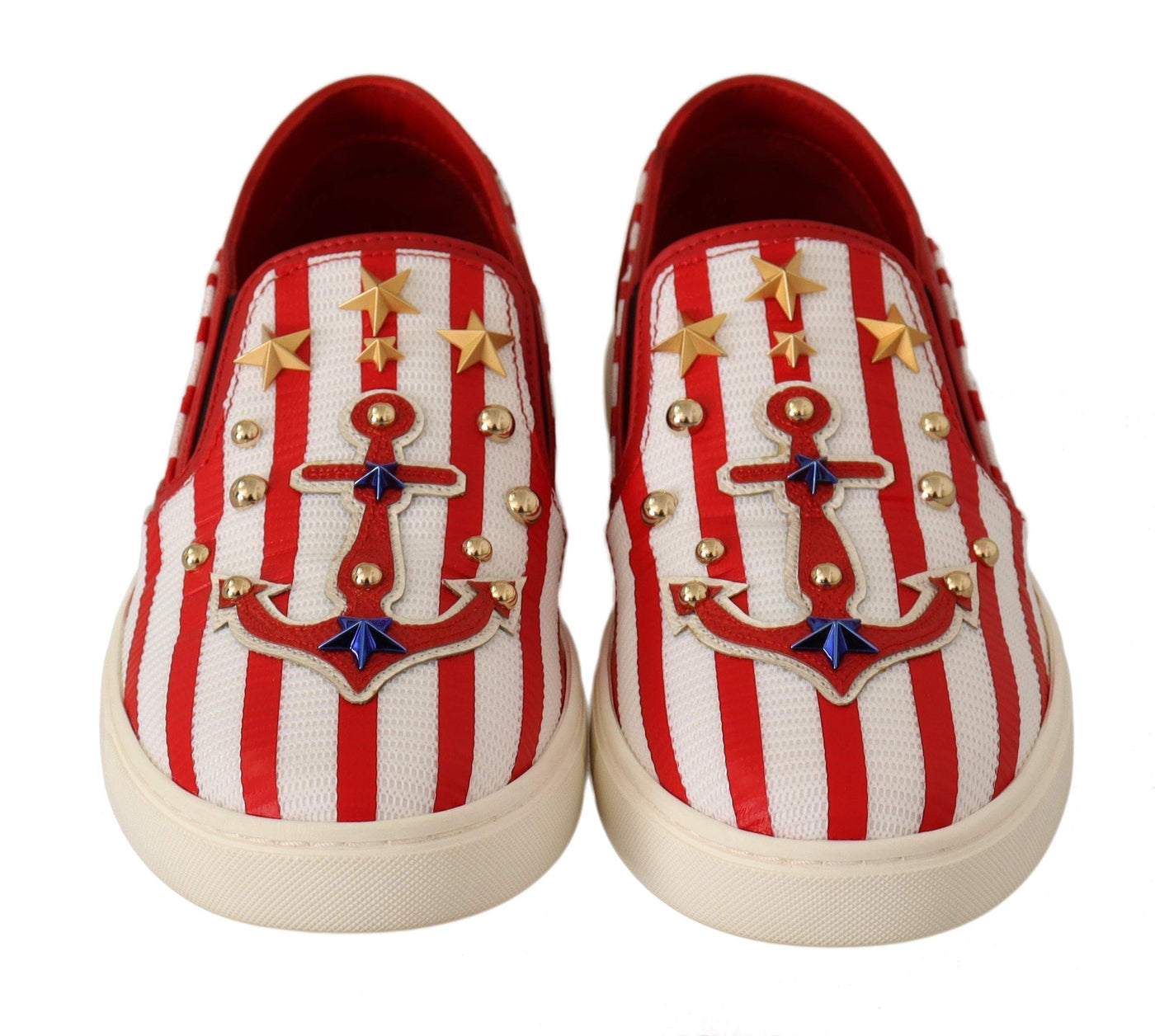Dolce & Gabbana Red White Anchor Studded Loafers Shoes Dolce & Gabbana, EU36.5/US6, EU36/US5.5, EU38/US7.5, feed-agegroup-adult, feed-color-White, feed-gender-female, Flat Shoes - Women - Shoes, White at SEYMAYKA