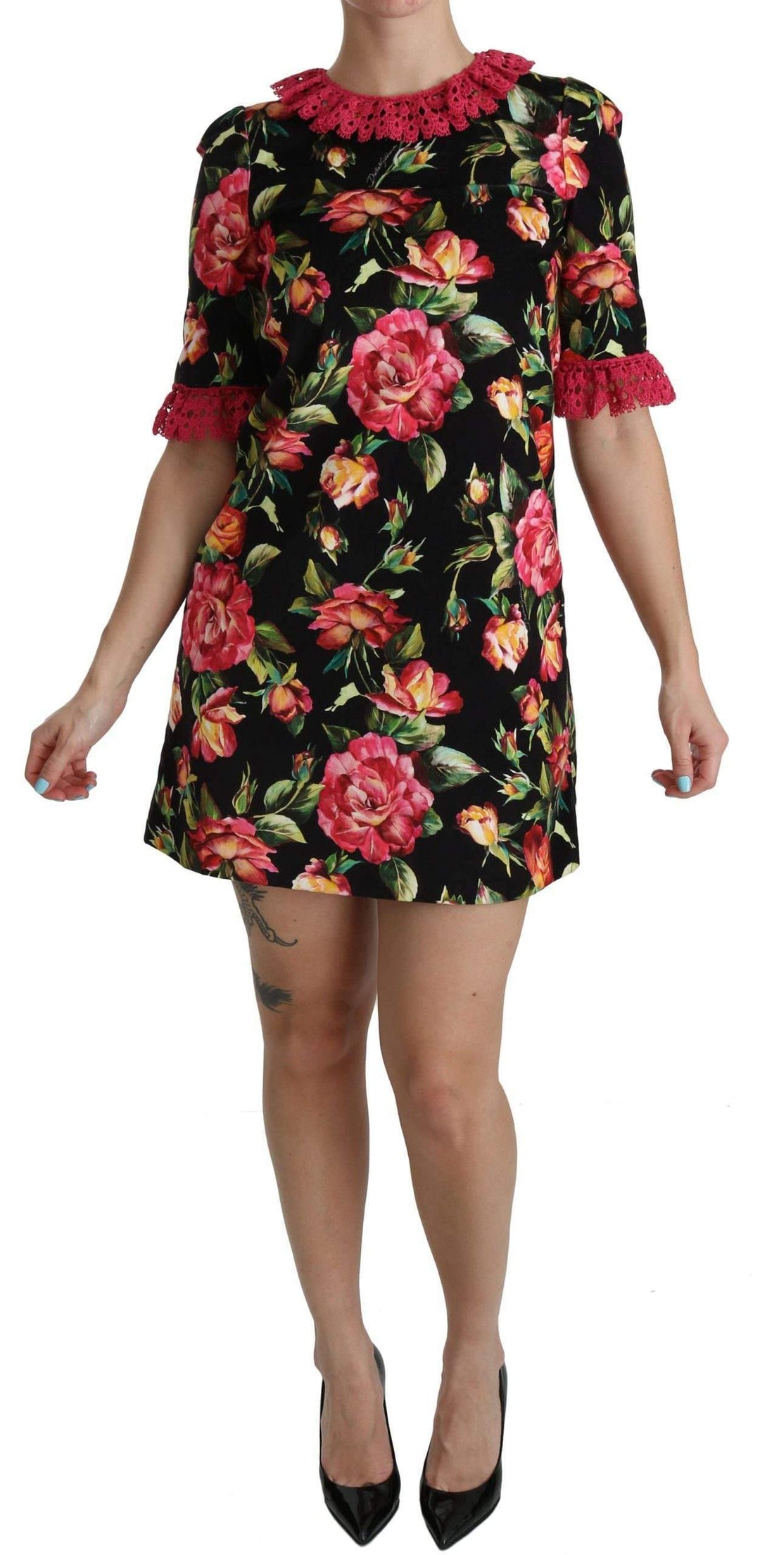Dolce & Gabbana  Floral Pink Lace A-Line Shift Mini Dress #women, Black, Brand_Dolce & Gabbana, Catch, Clothing_Dress, Dolce & Gabbana, Dresses - Women - Clothing, feed-agegroup-adult, feed-color-black, feed-gender-female, feed-size-IT38|XS, Gender_Women, IT38|XS, Kogan, Women - New Arrivals at SEYMAYKA