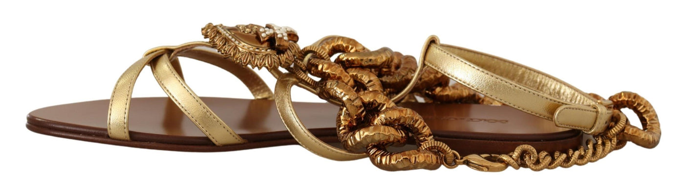 Dolce & Gabbana Gold Leather Devotion Flats Sandals