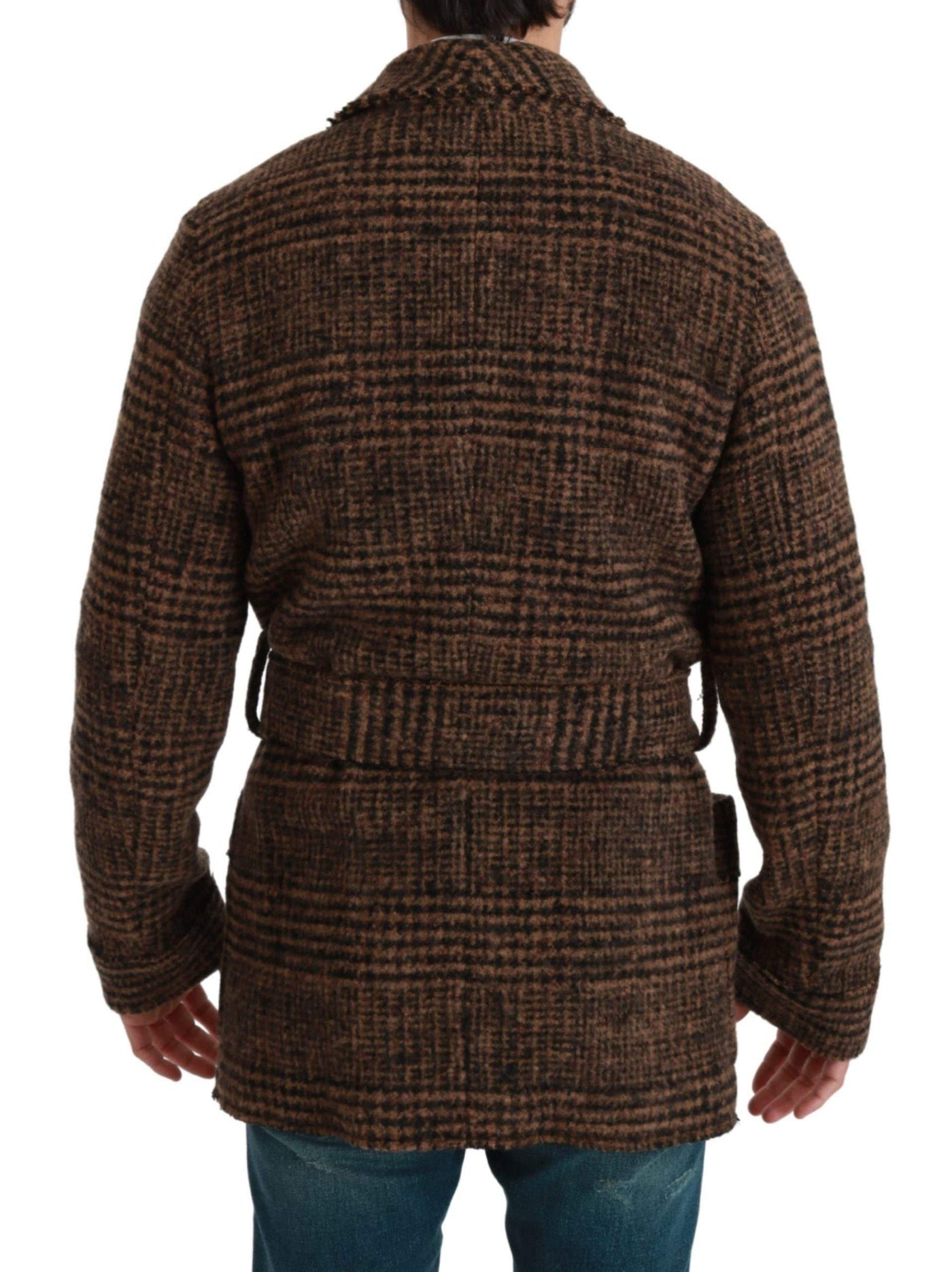 Dolce & Gabbana  Brown Checkered Wool Robe Coat  Wrap Jacket #men, Brand_Dolce & Gabbana, Brown, Catch, Dolce & Gabbana, feed-agegroup-adult, feed-color-brown, feed-gender-male, feed-size-IT44 | XS, feed-size-IT46 | S, feed-size-IT48 | M, Gender_Men, IT44 | XS, IT46 | S, IT48 | M, Jackets - Men - Clothing, Kogan, Men - New Arrivals at SEYMAYKA