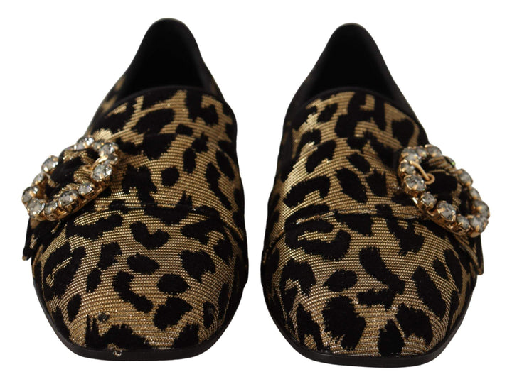 Dolce & Gabbana Gold Leopard Print Crystals Loafers Brown, Dolce & Gabbana, EU36.5/US6, EU37.5/US7, feed-1, Flat Shoes - Women - Shoes at SEYMAYKA
