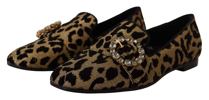 Dolce & Gabbana Gold Leopard Print Crystals Loafers Brown, Dolce & Gabbana, EU36.5/US6, EU37.5/US7, feed-1, Flat Shoes - Women - Shoes at SEYMAYKA