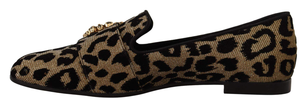 Dolce & Gabbana Gold Leopard Print Crystals Loafers Brown, Dolce & Gabbana, EU36.5/US6, EU37.5/US7, feed-1, Flat Shoes - Women - Shoes at SEYMAYKA