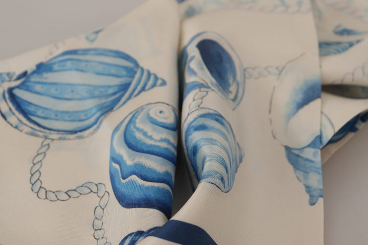 Dolce & Gabbana Blue Silk Shell Print White Shawl Fringes Scarf