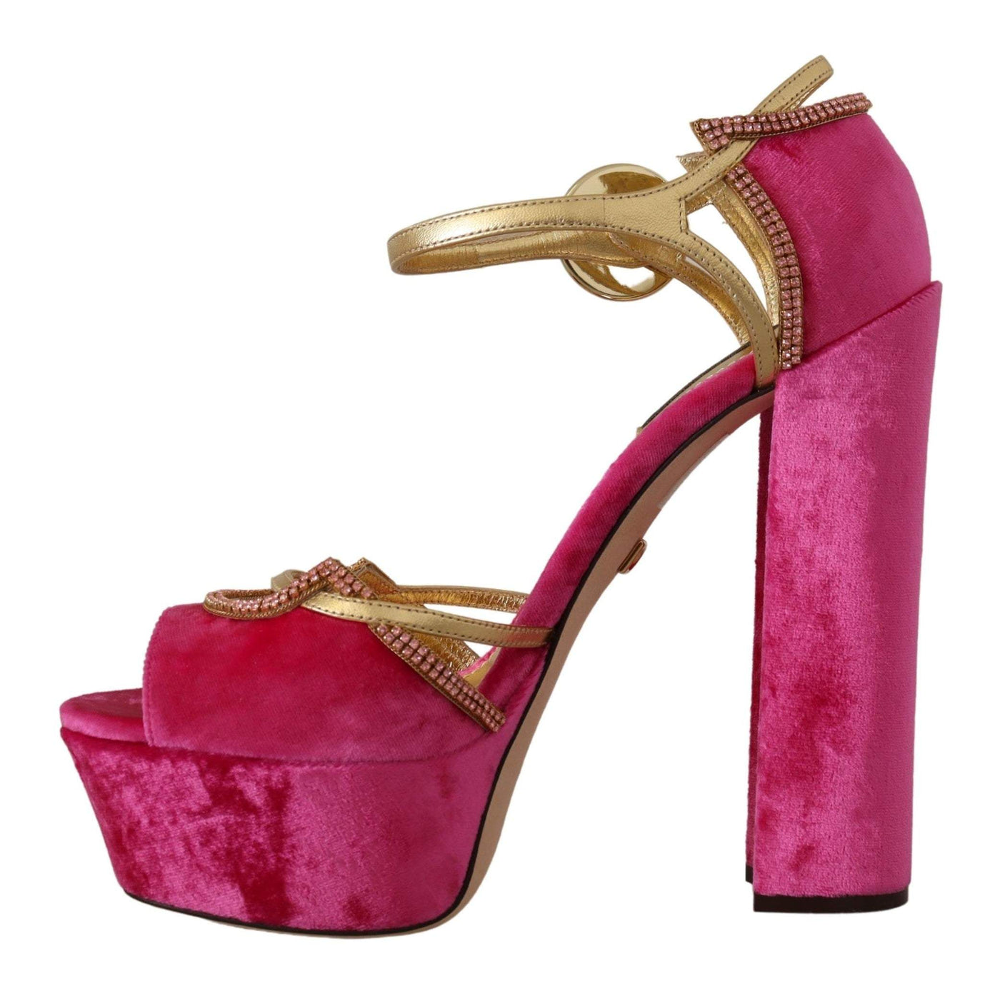 Dolce & Gabbana Pink Velvet Crystal Ankle Strap Sandals Shoes Dolce & Gabbana, EU39.5/US9, EU39/US8.5, feed-1, Pink, Sandals - Women - Shoes at SEYMAYKA