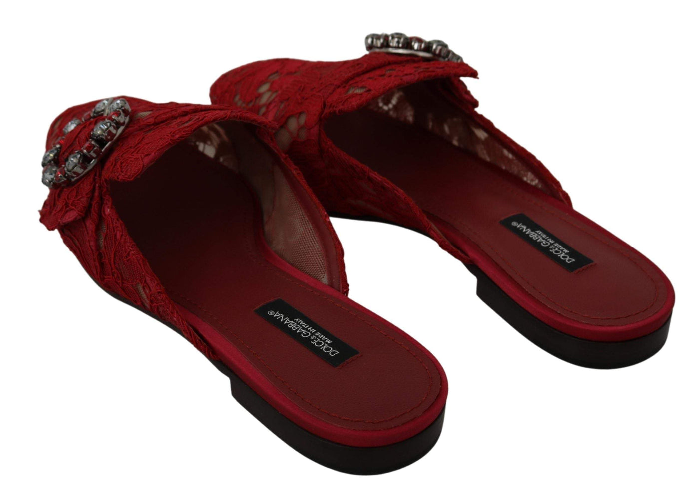 Dolce & Gabbana Red Lace Crystal Slide On Flats Shoes Dolce & Gabbana, EU35/US4.5, feed-agegroup-adult, feed-color-Red, feed-gender-female, Flat Shoes - Women - Shoes, Red, Shoes - New Arrivals at SEYMAYKA