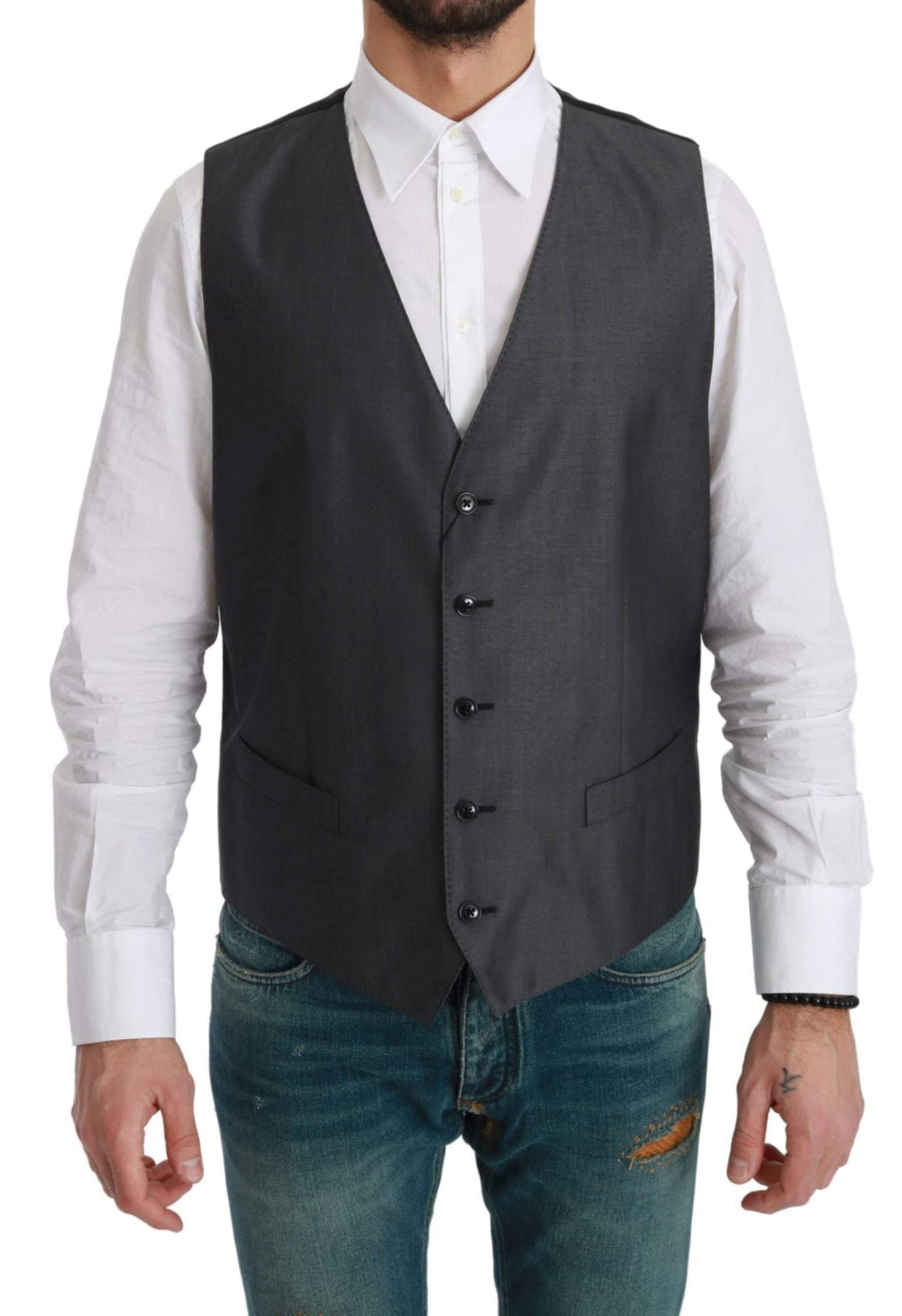 Dolce & Gabbana  Gray Waistcoat Formal Stretch Wool Vest #men, Brand_Dolce & Gabbana, Catch, Dolce & Gabbana, feed-agegroup-adult, feed-color-gray, feed-gender-male, feed-size-IT52 | XL, Gender_Men, Gray, IT52 | XL, Kogan, Men - New Arrivals, Vests - Men - Clothing at SEYMAYKA