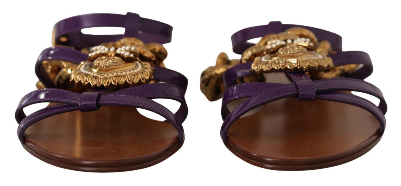 Dolce & Gabbana Purple Leather Devotion Flats Sandals Dolce & Gabbana, EU35.5/US5, EU36.5/US6, EU36/US5.5, EU37.5/US7, EU38.5/US8, EU38/US7.5, EU39.5/US9, EU40/US9.5, feed-1, Flat Shoes - Women - Shoes, Purple at SEYMAYKA