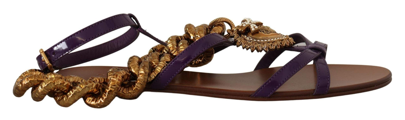 Dolce & Gabbana Purple Leather Devotion Flats Sandals Dolce & Gabbana, EU35.5/US5, EU36.5/US6, EU36/US5.5, EU37.5/US7, EU38.5/US8, EU38/US7.5, EU39.5/US9, EU40/US9.5, feed-1, Flat Shoes - Women - Shoes, Purple at SEYMAYKA