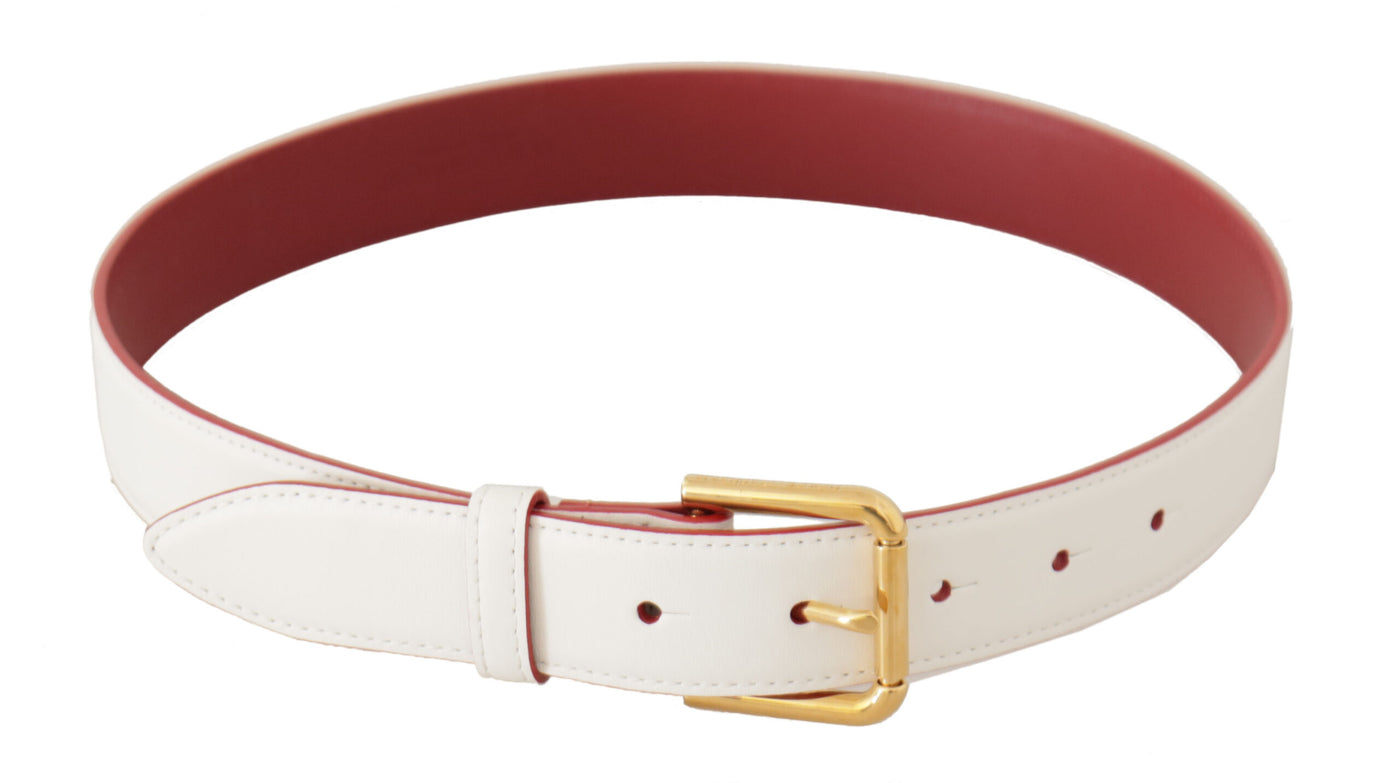 Dolce & Gabbana White Calf Leather Two-Toned Gold Metal Buckle Belt