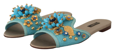 Dolce & Gabbana Blue Crystal Exotic Leather Blue Crystal Sandals Blue, Dolce & Gabbana, EU35.5/US5, EU35/US4.5, EU37.5/US7, EU37/US6.5, EU38.5/US8, feed-1, Flat Shoes - Women - Shoes at SEYMAYKA