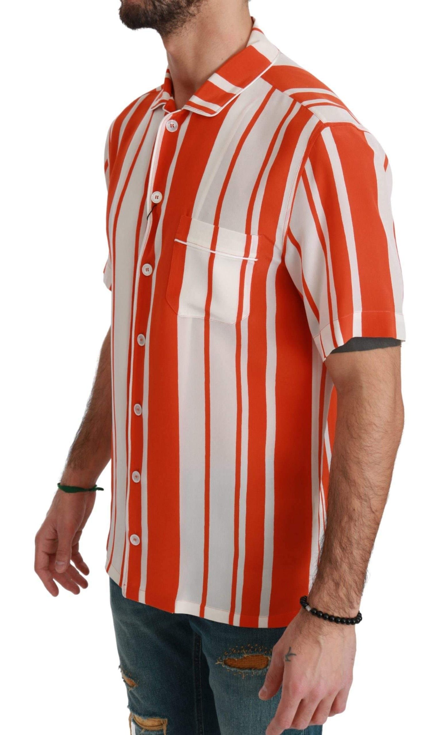 Dolce & Gabbana  Orange Silk Striped Short Sleeve White Shirt #men, Brand_Dolce & Gabbana, Catch, Dolce & Gabbana, feed-agegroup-adult, feed-color-orange, feed-gender-male, feed-size-IT38 | XS, Gender_Men, IT38 | XS, IT41 | L, Kogan, Men - New Arrivals, Orange, Shirts - Men - Clothing at SEYMAYKA