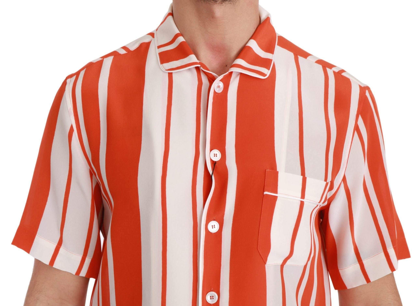 Dolce & Gabbana  Orange Silk Striped Short Sleeve White Shirt #men, Brand_Dolce & Gabbana, Catch, Dolce & Gabbana, feed-agegroup-adult, feed-color-orange, feed-gender-male, feed-size-IT38 | XS, Gender_Men, IT38 | XS, IT41 | L, Kogan, Men - New Arrivals, Orange, Shirts - Men - Clothing at SEYMAYKA