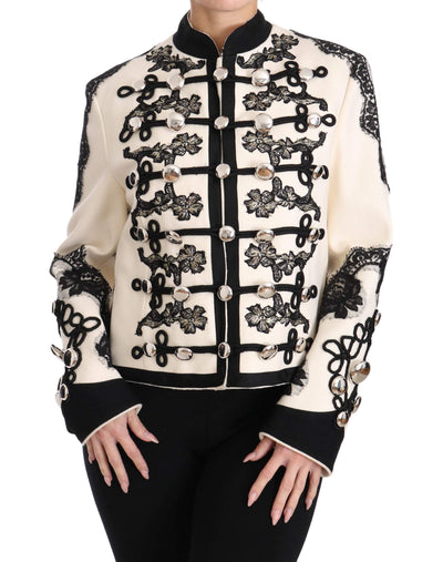 Dolce & Gabbana White Wool Black Floral Baroque Jacket Dolce & Gabbana, feed-agegroup-adult, feed-color-White, feed-gender-female, IT36 | XS, Jackets & Coats - Women - Clothing, White, Women - New Arrivals at SEYMAYKA