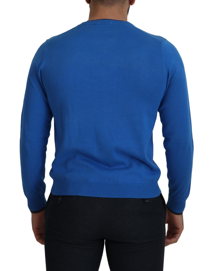Sun68 Blue Cotton V-Neck Knitted  Pullover Sweater