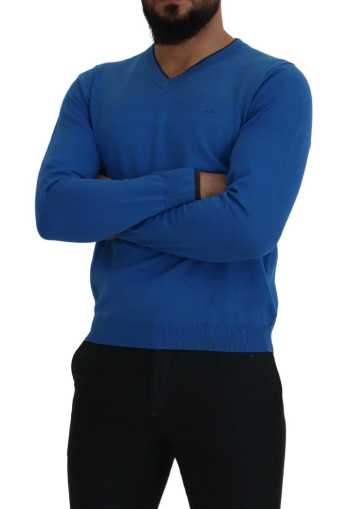 Sun68 Blue Cotton V-Neck Knitted  Pullover Sweater