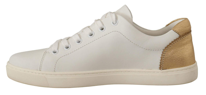 Dolce & Gabbana White Gold Leather Low Top Sneakers Dolce & Gabbana, EU35/US4.5, EU37.5/US7, EU41/US10.5, feed-1, Sneakers - Women - Shoes, White at SEYMAYKA