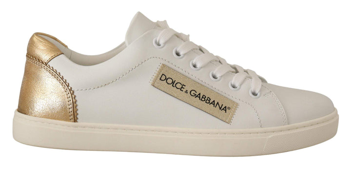 Dolce & Gabbana White Gold Leather Low Top Sneakers Dolce & Gabbana, EU35/US4.5, EU37.5/US7, EU41/US10.5, feed-1, Sneakers - Women - Shoes, White at SEYMAYKA