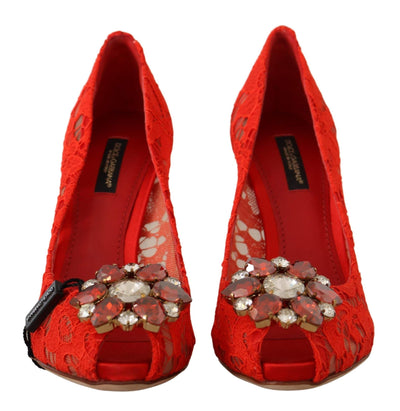 Dolce & Gabbana Red Taormina Lace Crystal Heels Pumps Dolce & Gabbana, EU35/US4.5, EU36.5/US6, EU36/US5.5, EU39.5/US9, EU40/US9.5, feed-1, Pumps - Women - Shoes, Red at SEYMAYKA