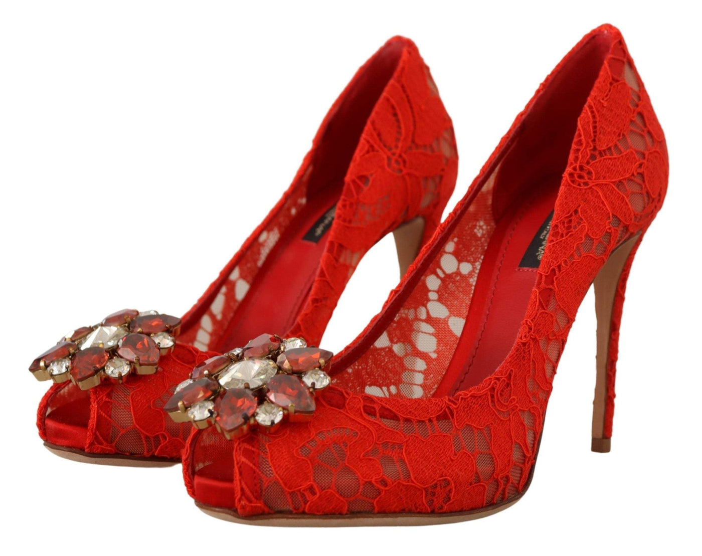 Dolce & Gabbana Red Taormina Lace Crystal Heels Pumps Dolce & Gabbana, EU35/US4.5, EU36.5/US6, EU36/US5.5, EU39.5/US9, EU40/US9.5, feed-1, Pumps - Women - Shoes, Red at SEYMAYKA