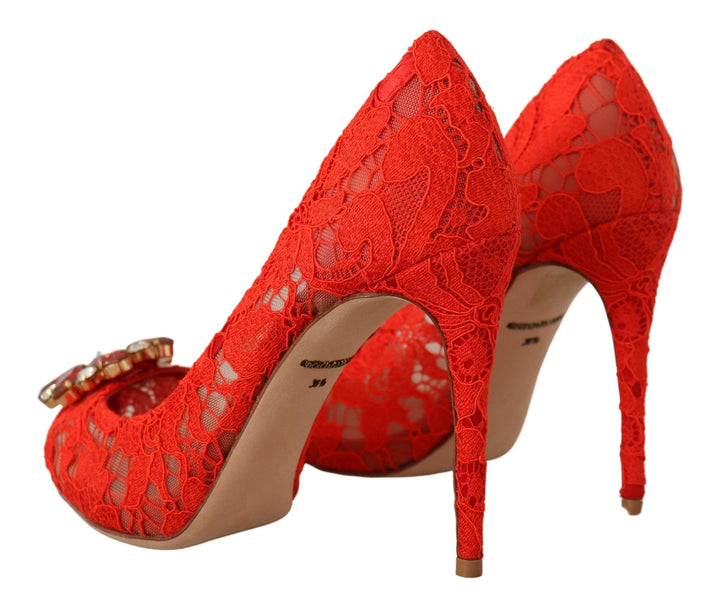 Dolce & Gabbana Red Taormina Lace Crystal Heels Pumps Dolce & Gabbana, EU35/US4.5, EU36.5/US6, EU36/US5.5, EU39.5/US9, EU40/US9.5, feed-1, Pumps - Women - Shoes, Red at SEYMAYKA