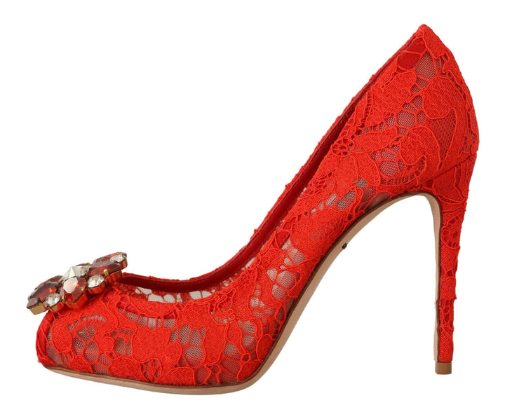 Dolce & Gabbana Red Taormina Lace Crystal Heels Pumps Dolce & Gabbana, EU35/US4.5, EU36.5/US6, EU36/US5.5, EU39.5/US9, EU40/US9.5, feed-1, Pumps - Women - Shoes, Red at SEYMAYKA