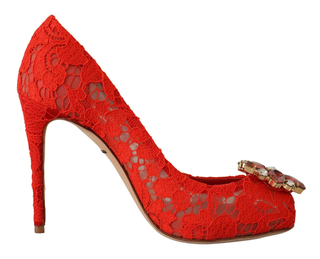 Dolce & Gabbana Red Taormina Lace Crystal Heels Pumps Dolce & Gabbana, EU35/US4.5, EU36.5/US6, EU36/US5.5, EU39.5/US9, EU40/US9.5, feed-1, Pumps - Women - Shoes, Red at SEYMAYKA
