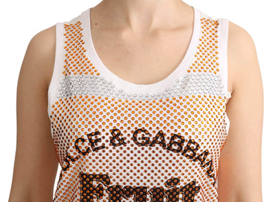 Dolce & Gabbana  White Orange Crystal Sleeveless Tank Cotton Top #women, Brand_Dolce & Gabbana, Catch, Dolce & Gabbana, feed-agegroup-adult, feed-color-white, feed-gender-female, feed-size-IT40|S, Gender_Women, IT40|S, Kogan, Tops & T-Shirts - Women - Clothing, White, Women - New Arrivals at SEYMAYKA