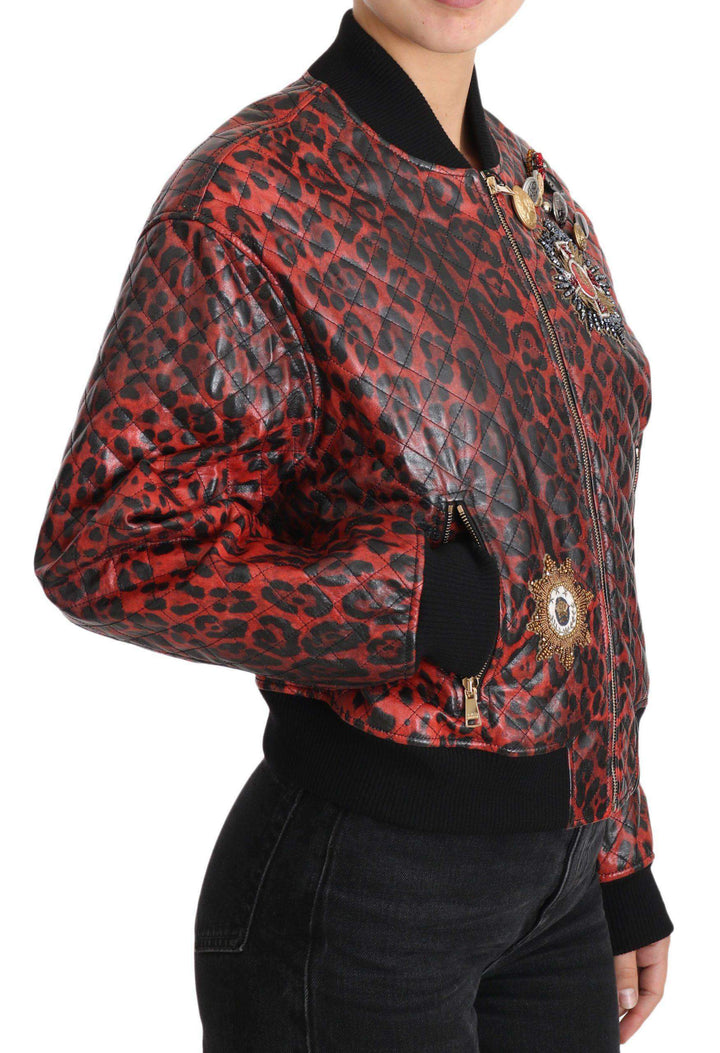 Dolce & Gabbana  Red Leopard Button Crystal Leather Jacket #women, Brand_Dolce & Gabbana, Catch, Dolce & Gabbana, feed-agegroup-adult, feed-color-red, feed-gender-female, feed-size-IT42|M, Gender_Women, IT42|M, Jackets & Coats - Women - Clothing, Kogan, Red, Women - New Arrivals at SEYMAYKA