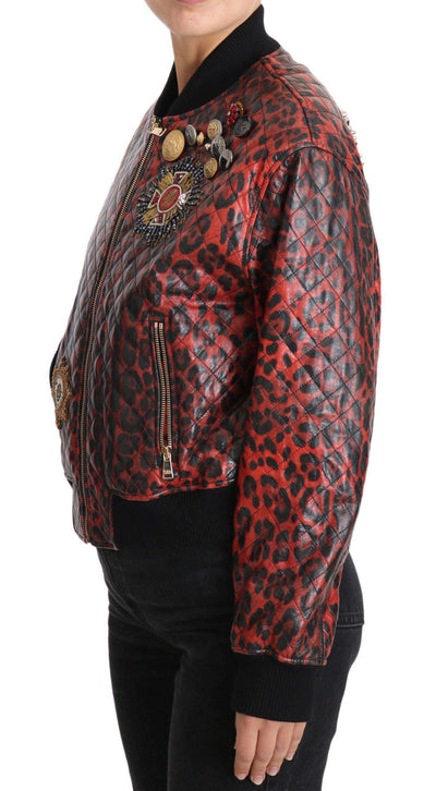 Dolce & Gabbana  Red Leopard Button Crystal Leather Jacket #women, Brand_Dolce & Gabbana, Catch, Dolce & Gabbana, feed-agegroup-adult, feed-color-red, feed-gender-female, feed-size-IT42|M, Gender_Women, IT42|M, Jackets & Coats - Women - Clothing, Kogan, Red, Women - New Arrivals at SEYMAYKA