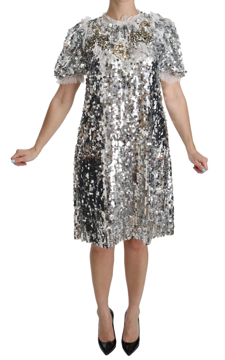 Dolce & Gabbana  Silver Sequined Crystal Shift Gown Dress #women, Brand_Dolce & Gabbana, Catch, Clothing_Dress, Dolce & Gabbana, Dresses - Women - Clothing, feed-agegroup-adult, feed-color-silver, feed-gender-female, feed-size-IT40|S, Gender_Women, IT40|S, Kogan, Silver, Women - New Arrivals at SEYMAYKA