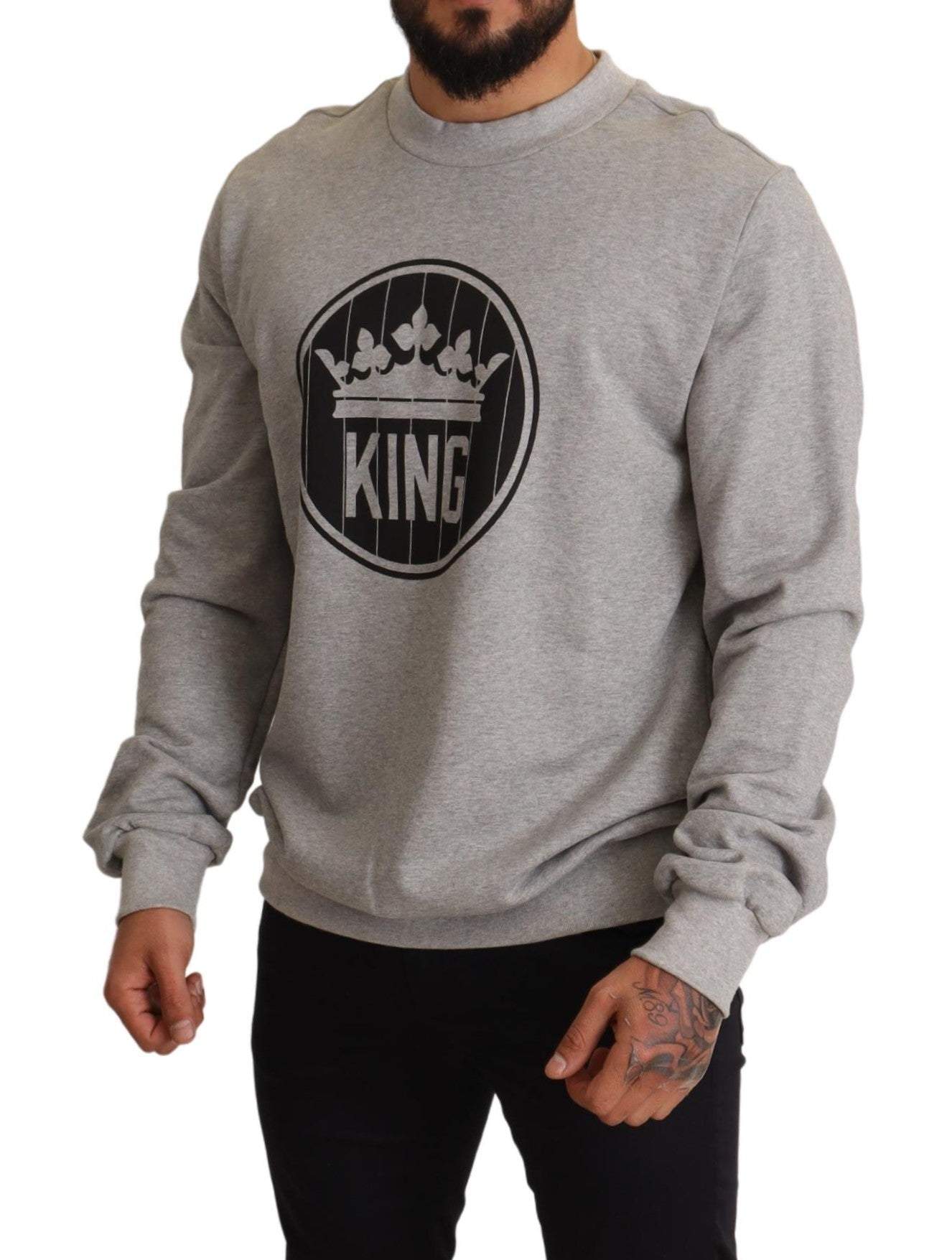 Dolce & Gabbana Gray Crown King Print Cotton Sweater #men, Dolce & Gabbana, feed-agegroup-adult, feed-color-Gray, feed-gender-male, Gray, IT44 | XS, IT54 | XL, IT56 | XXL, Sweaters - Men - Clothing at SEYMAYKA