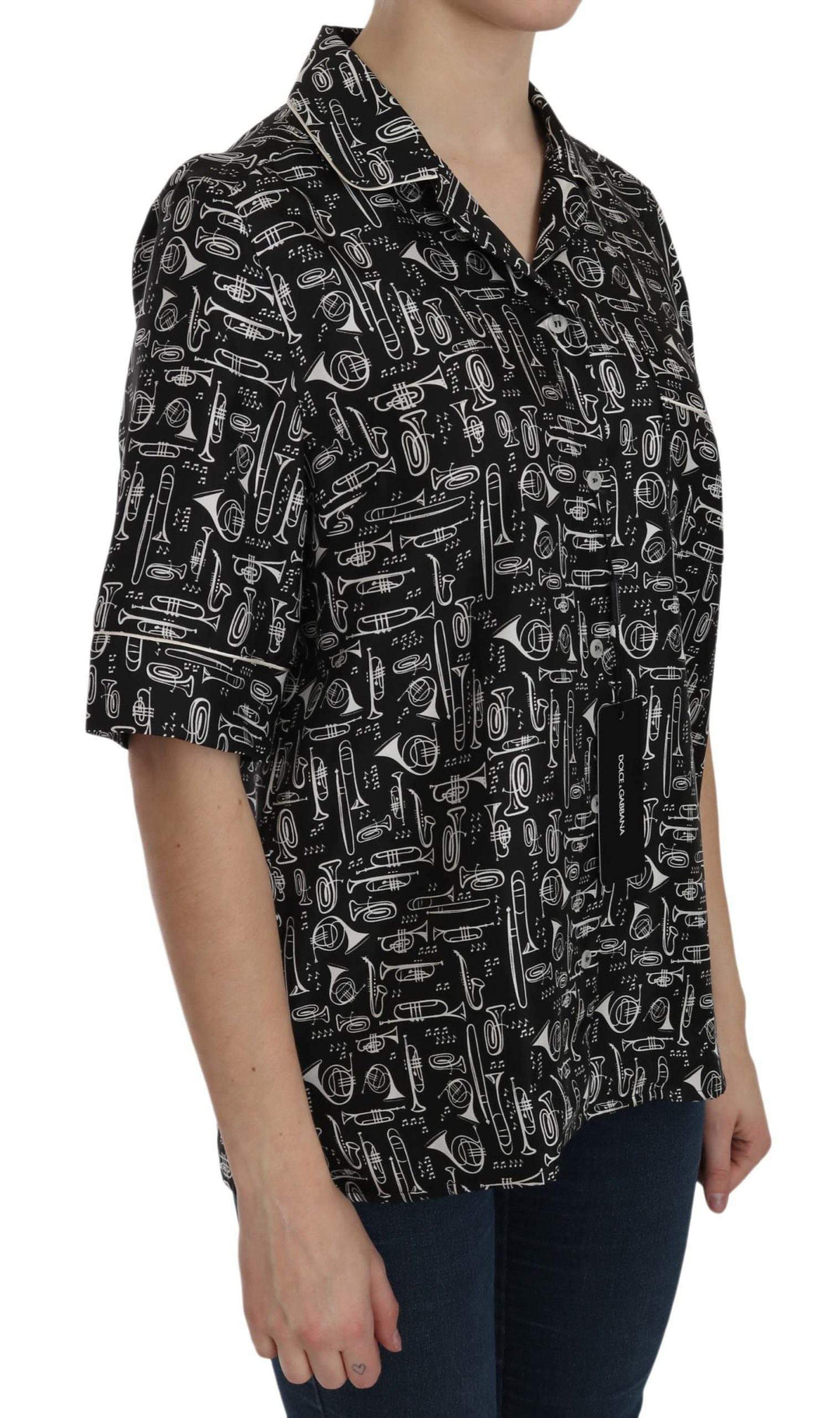 Dolce & Gabbana  Black Musical Instrument Print Silk  Top #women, Black, Brand_Dolce & Gabbana, Catch, Dolce & Gabbana, feed-agegroup-adult, feed-color-black, feed-gender-female, feed-size-IT36|XXS, feed-size-IT38 | S, feed-size-IT40|S, feed-size-IT42|M, feed-size-IT44|L, feed-size-IT46|XL, Gender_Women, IT36|XXS, IT38 | S, IT40|S, IT42|M, IT44|L, IT46|XL, Kogan, Shirts - Women - Clothing, Women - New Arrivals at SEYMAYKA