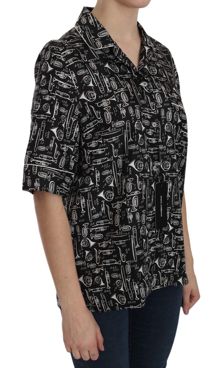 Dolce & Gabbana  Black Musical Instrument Print Silk  Top #women, Black, Brand_Dolce & Gabbana, Catch, Dolce & Gabbana, feed-agegroup-adult, feed-color-black, feed-gender-female, feed-size-IT36|XXS, feed-size-IT38 | S, feed-size-IT40|S, feed-size-IT42|M, feed-size-IT44|L, feed-size-IT46|XL, Gender_Women, IT36|XXS, IT38 | S, IT40|S, IT42|M, IT44|L, IT46|XL, Kogan, Shirts - Women - Clothing, Women - New Arrivals at SEYMAYKA