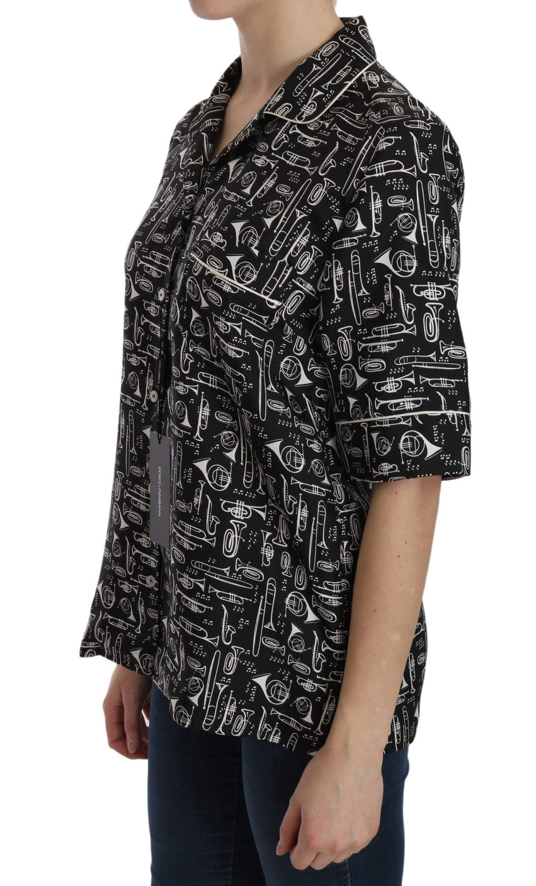 Dolce & Gabbana  Black Musical Instrument Print Silk  Top #women, Black, Brand_Dolce & Gabbana, Catch, Dolce & Gabbana, feed-agegroup-adult, feed-color-black, feed-gender-female, feed-size-IT36|XXS, feed-size-IT38 | S, feed-size-IT40|S, feed-size-IT42|M, feed-size-IT44|L, feed-size-IT46|XL, Gender_Women, IT36|XXS, IT38 | S, IT40|S, IT42|M, IT44|L, IT46|XL, Kogan, Shirts - Women - Clothing, Women - New Arrivals at SEYMAYKA