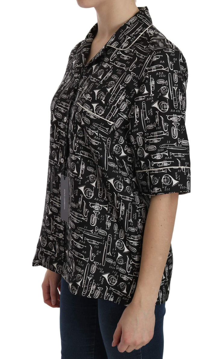 Dolce & Gabbana  Black Musical Instrument Print Silk  Top #women, Black, Brand_Dolce & Gabbana, Catch, Dolce & Gabbana, feed-agegroup-adult, feed-color-black, feed-gender-female, feed-size-IT36|XXS, feed-size-IT38 | S, feed-size-IT40|S, feed-size-IT42|M, feed-size-IT44|L, feed-size-IT46|XL, Gender_Women, IT36|XXS, IT38 | S, IT40|S, IT42|M, IT44|L, IT46|XL, Kogan, Shirts - Women - Clothing, Women - New Arrivals at SEYMAYKA