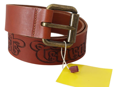 Just Cavalli Brown Leather Logo Bronze Rustic Metal Buckle Belt #women, 85 cm / 34 Inches, Accessories - New Arrivals, Belts - Women - Accessories, Brown, feed-agegroup-adult, feed-color-brown, feed-gender-female, Just Cavalli at SEYMAYKA