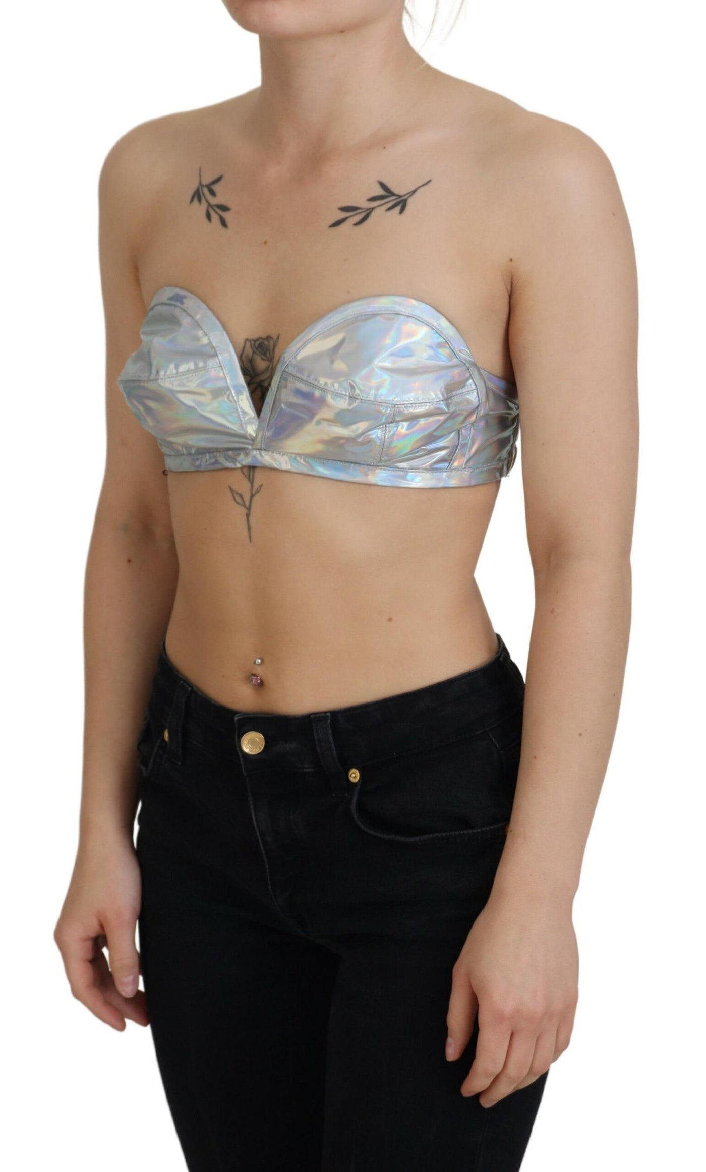 Dolce & Gabbana Silver Holographic Effect Bustier Brassiere Top