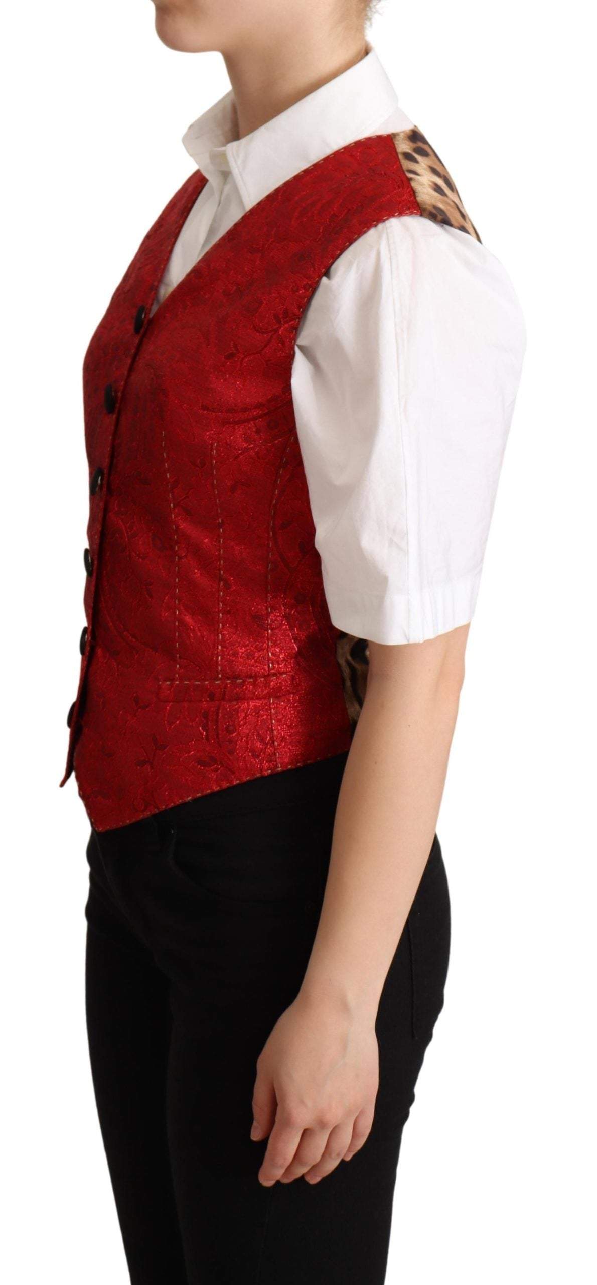Dolce & Gabbana Red Brocade Leopard Print Waistcoat Vest Dolce & Gabbana, feed-agegroup-adult, feed-color-Red, feed-gender-female, IT40|S, Red, Vests - Women - Clothing at SEYMAYKA