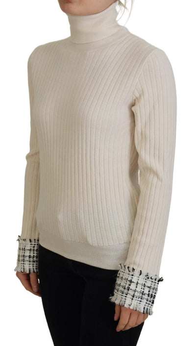 Dolce & Gabbana Ivory Turtleneck Distressed Cuff Pullover Sweater