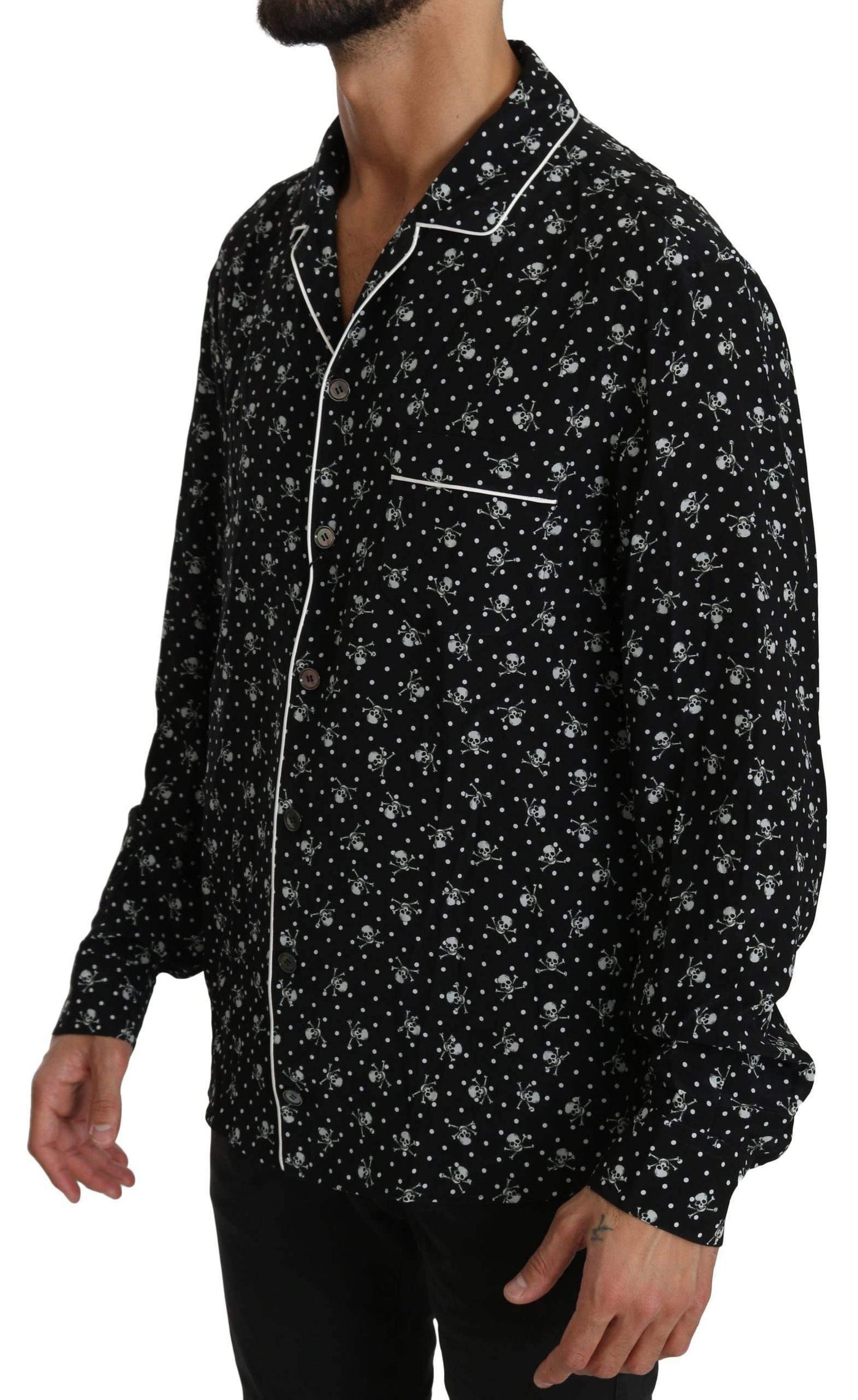 Dolce & Gabbana  Black Skull Print Silk Sleepwear Shirt #men, Black, Brand_Dolce & Gabbana, Catch, Dolce & Gabbana, feed-agegroup-adult, feed-color-black, feed-gender-male, feed-size-IT39 | S, Gender_Men, IT39 | S, Kogan, Men - New Arrivals, Shirts - Men - Clothing at SEYMAYKA