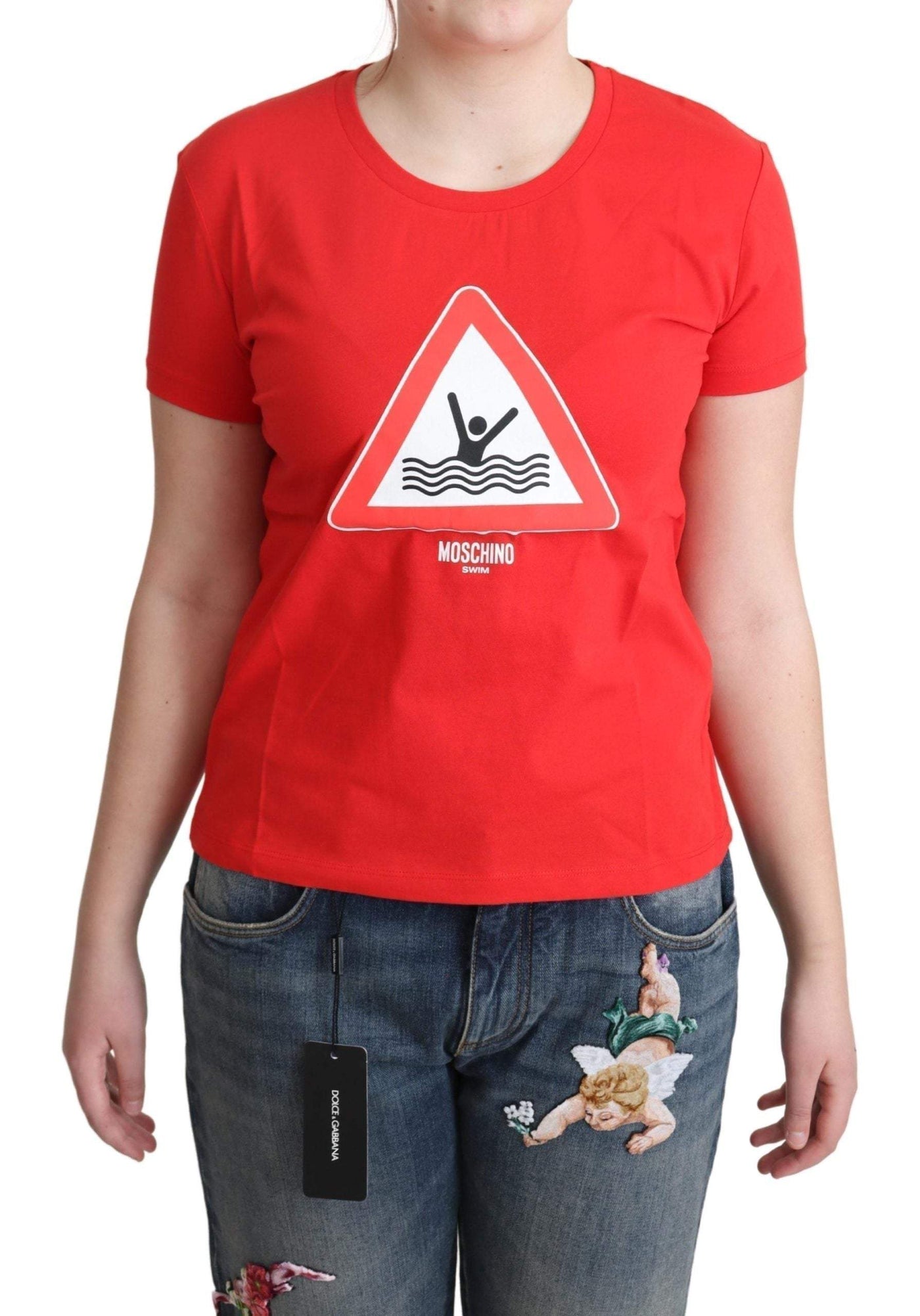Moschino Red Cotton Swim Graphic Triangle Print  T-shirt #women, feed-agegroup-adult, feed-color-Red, feed-gender-female, IT42 | L, IT44|L, IT46|XL, Moschino, Red, Tops & T-Shirts - Women - Clothing, Women - New Arrivals at SEYMAYKA