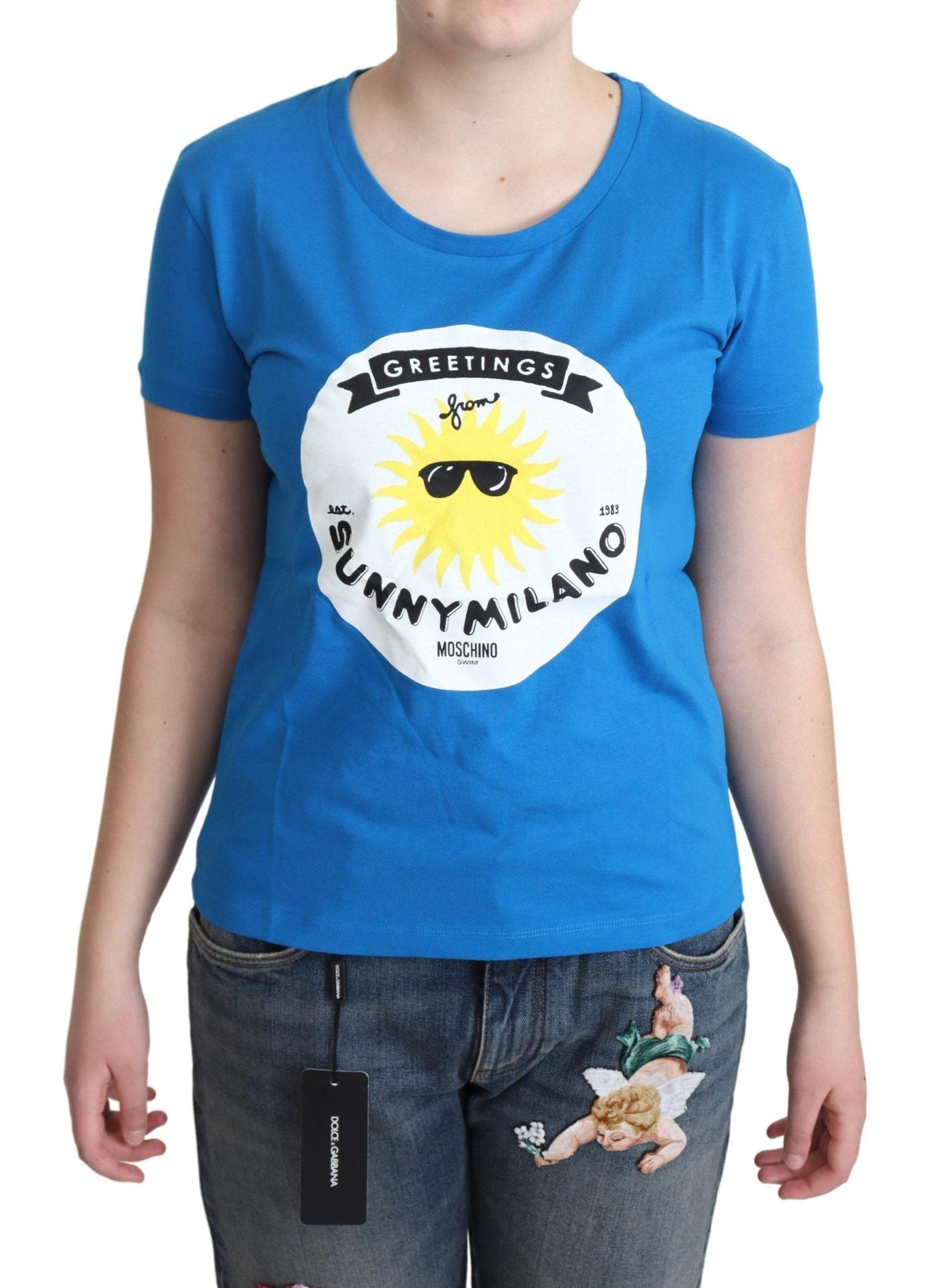 Moschino Blue Cotton Sunny Milano Print Tops T-shirt #women, Blue, feed-agegroup-adult, feed-color-Blue, feed-gender-female, IT40|S, IT42|M, IT44|L, IT46|XL, Moschino, Tops & T-Shirts - Women - Clothing, Women - New Arrivals at SEYMAYKA
