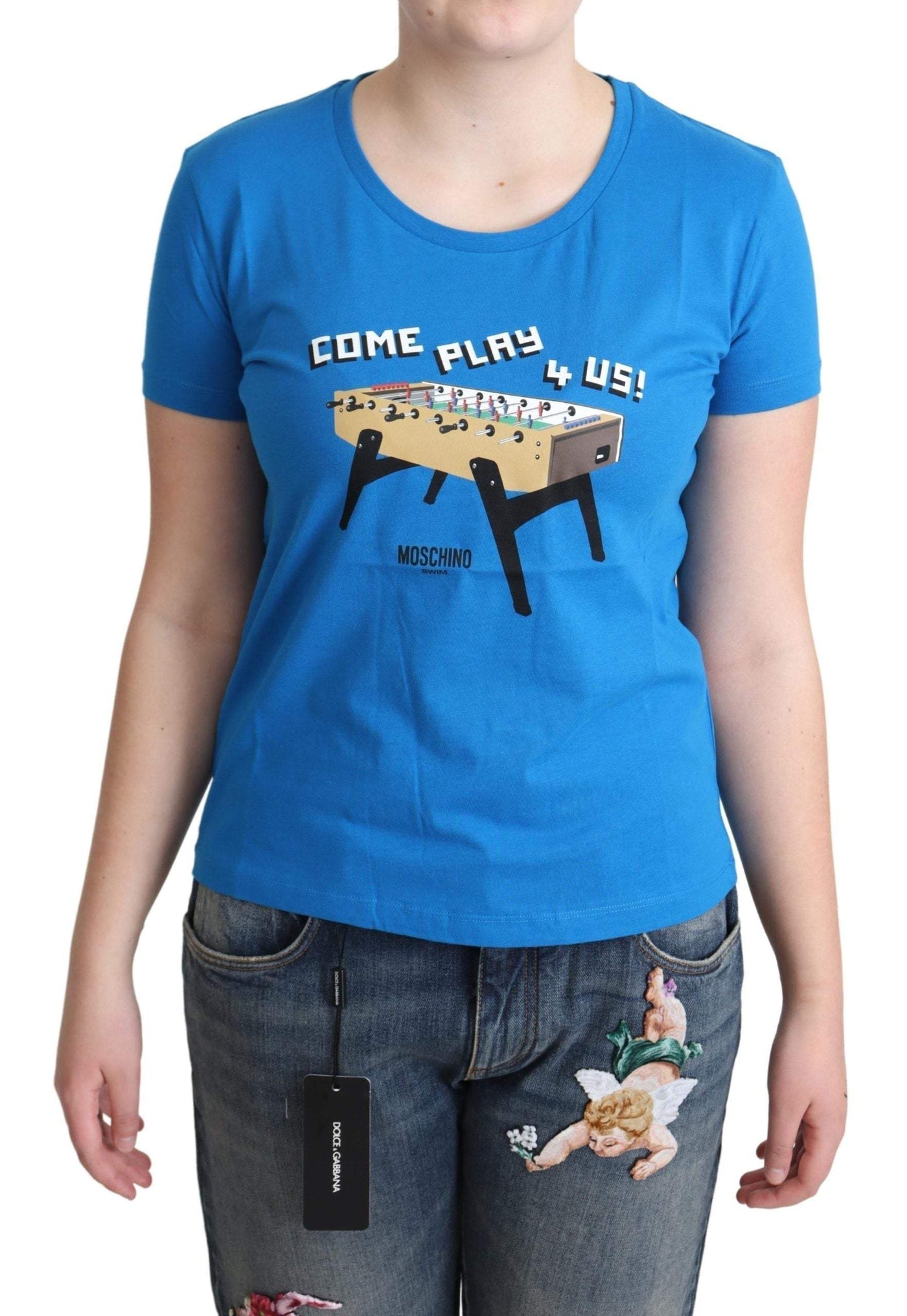 Moschino Blue Cotton Come Play 4 Us Print T-shirt #women, Blue, feed-agegroup-adult, feed-color-Blue, feed-gender-female, IT40|S, IT42|M, IT44|L, IT46|XL, Moschino, Tops & T-Shirts - Women - Clothing, Women - New Arrivals at SEYMAYKA