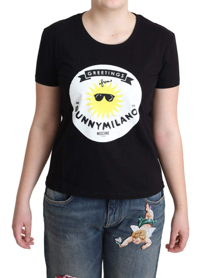 Moschino Black Cotton Sunny Milano Print T-shirt #women, Black, feed-agegroup-adult, feed-color-Black, feed-gender-female, IT40|S, IT42|M, IT44|L, Moschino, Tops & T-Shirts - Women - Clothing, Women - New Arrivals at SEYMAYKA