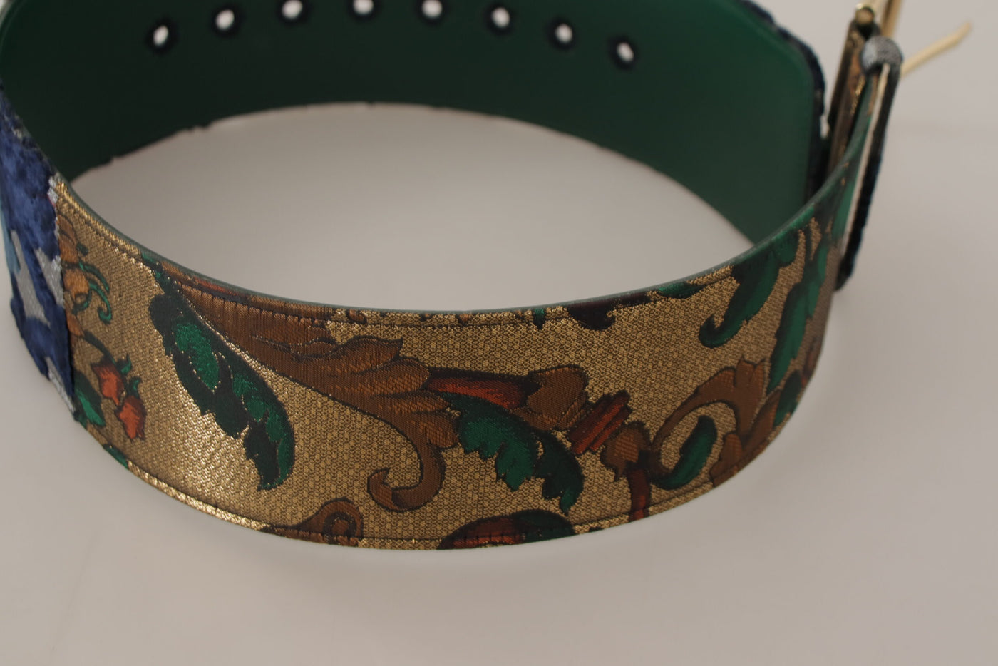 Dolce & Gabbana Green Jacquard Embroid Leather Gold Metal Buckle Belt