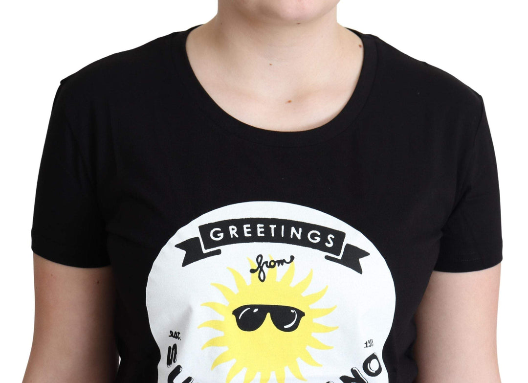 Moschino Black Cotton Sunny Milano Print T-shirt #women, Black, feed-agegroup-adult, feed-color-Black, feed-gender-female, IT40|S, IT42|M, IT44|L, Moschino, Tops & T-Shirts - Women - Clothing, Women - New Arrivals at SEYMAYKA