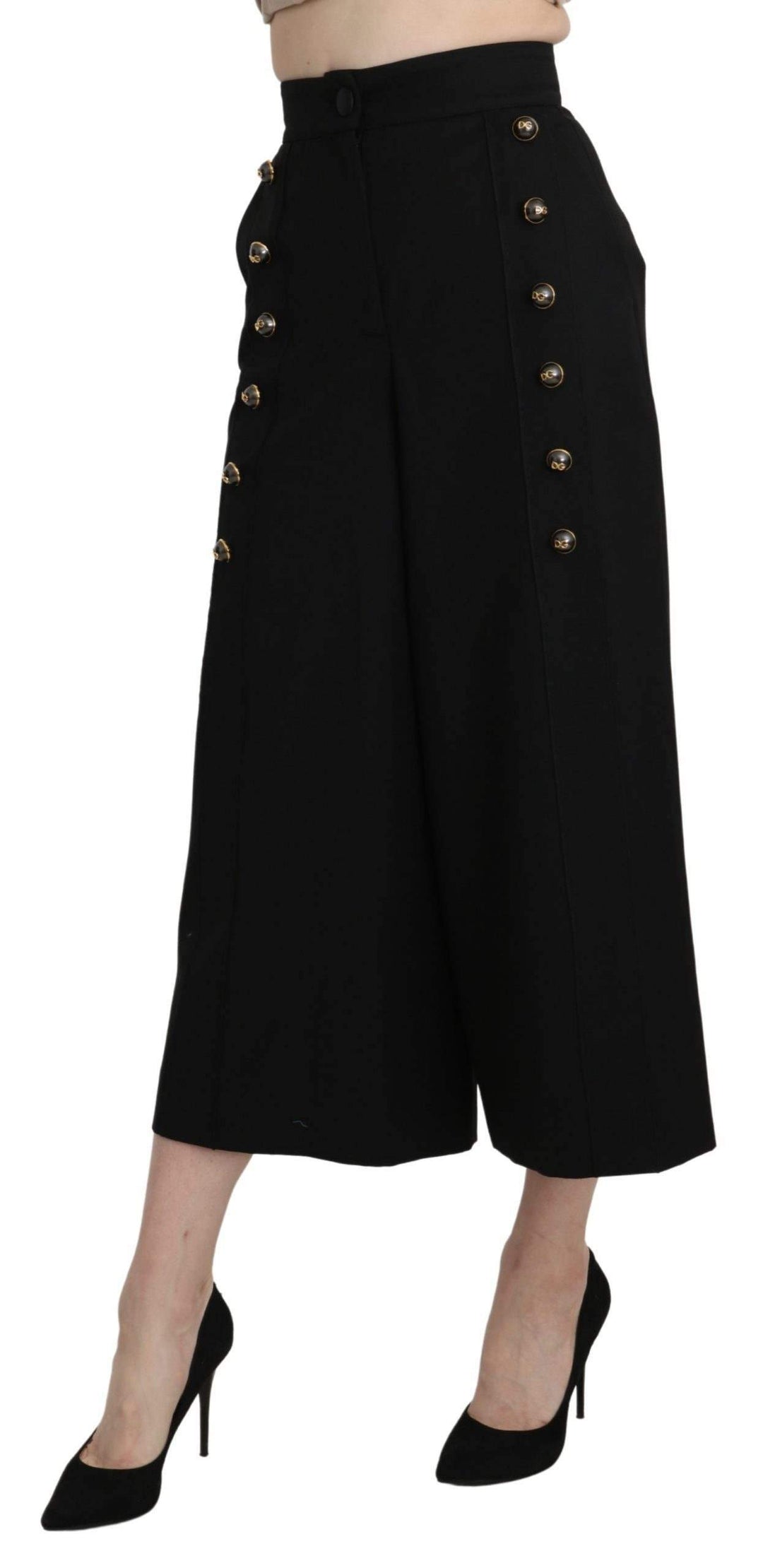 Dolce & Gabbana Black Wide Wool Leg Cropped Trouser Pant #women, Black, Brand_Dolce & Gabbana, Dolce & Gabbana, feed-agegroup-adult, feed-color-black, feed-gender-female, feed-size-IT36 | XS, Gender_Women, IT36 | XS, Jeans & Pants - Women - Clothing, Women - New Arrivals at SEYMAYKA