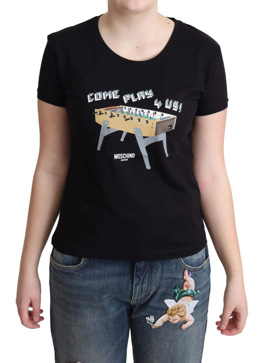 Moschino Black Cotton Come Play 4 Us Print Tops T-shirt #women, Black, feed-agegroup-adult, feed-color-Black, feed-gender-female, IT40|S, IT42|M, IT44|L, IT46|XL, Moschino, Tops & T-Shirts - Women - Clothing, Women - New Arrivals at SEYMAYKA